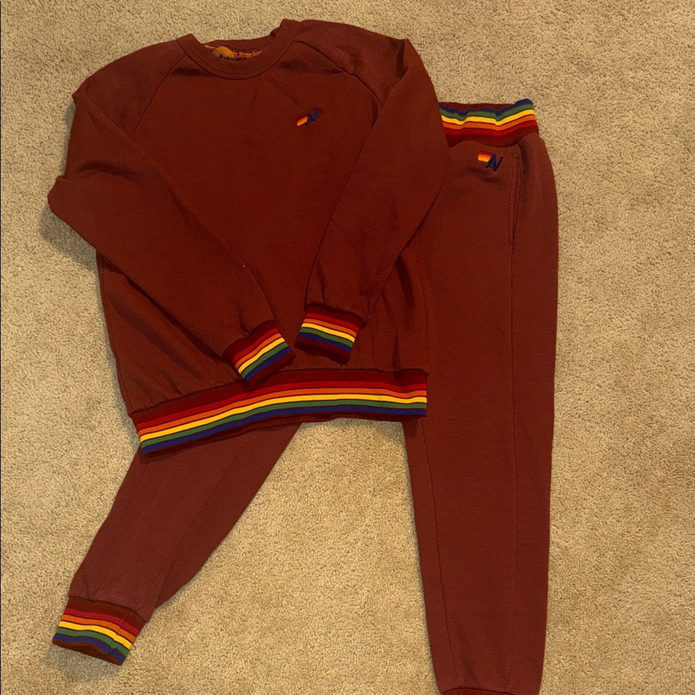 Aviator Nation Burgundy Sweatsuit set with Rainbow Accents - Picture 5 of 8